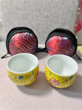 Set of 2 Vintage-Style Chinese Yellow Falangcai Enamel Lotus Porcelain Teacups